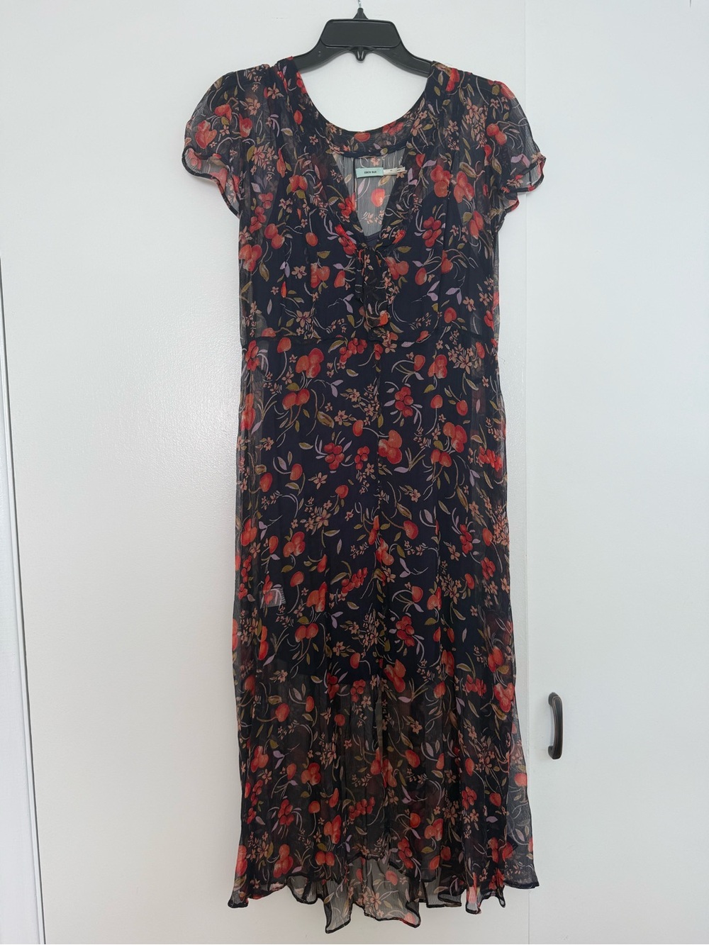 Kimchi Blue Navy Midi Dress with Red Cherry and Floral Motif